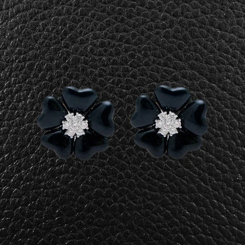 Black diamond earrings for edgy sophistication-Black Agate & Diamond Flower Earrings