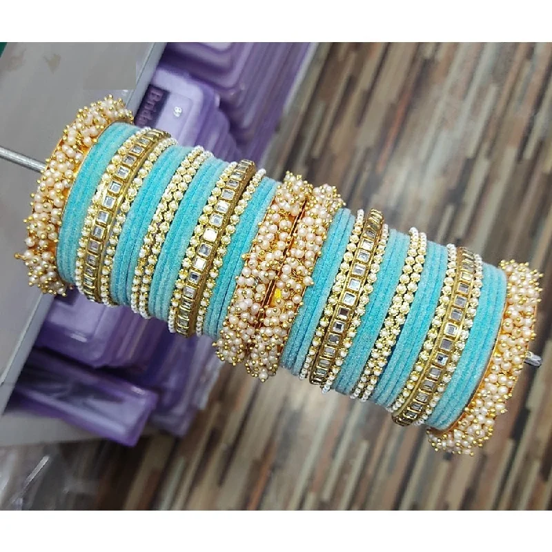 Silver bangles for classic style-Akruti Collection Gold Plated Velvet And Pearl Bangles Set