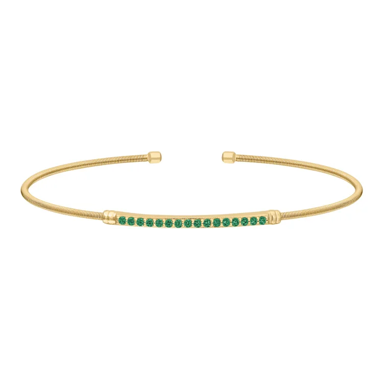 Engraved sterling silver bracelets for thoughtful gifts-Gold Finish Sterling Silver Cable Cuff Bracelet with Simulated Emerald Birth Gems - May