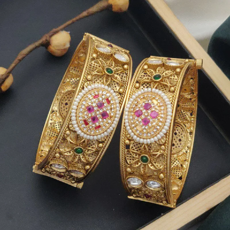 Custom-designed bangles for unique looks-Akruti Collection Gold Plated Pota Stone And Pearls Openable Bangle Set