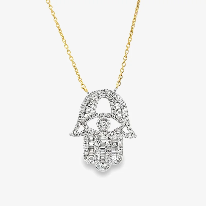 Personalized star sign necklaces for astrology lovers-Baguette & Round Diamond Hamsa Necklace