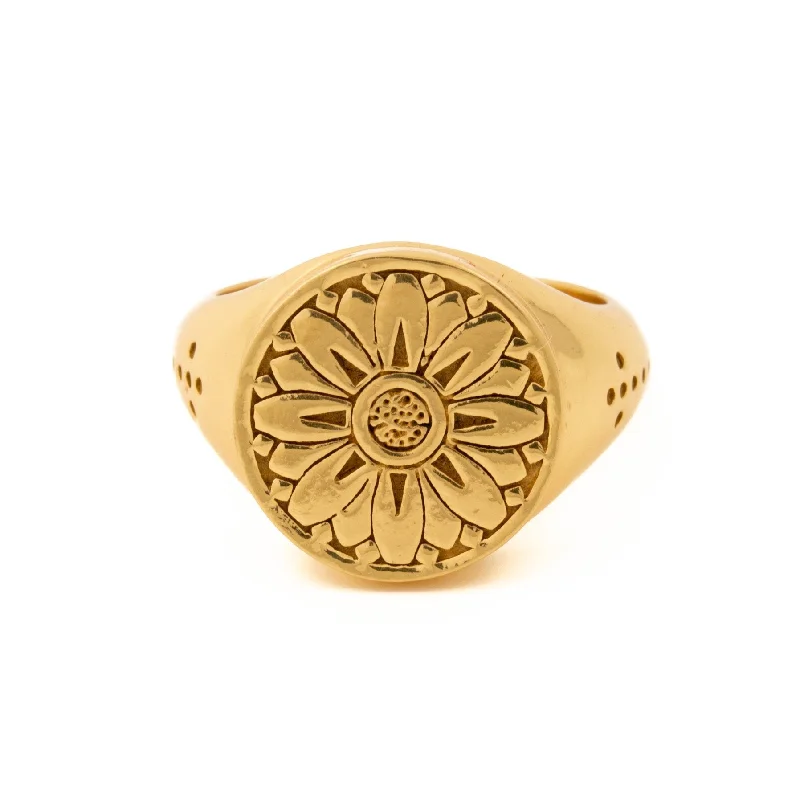 Fashion rings for everyday wear-Gold Japanese Sunflower Signet