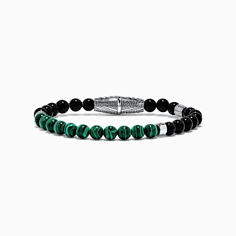 Personalized quote cuff bracelets for unique gifts-Men's Sterling Silver Beaded Onyx and Malachite Bracelet