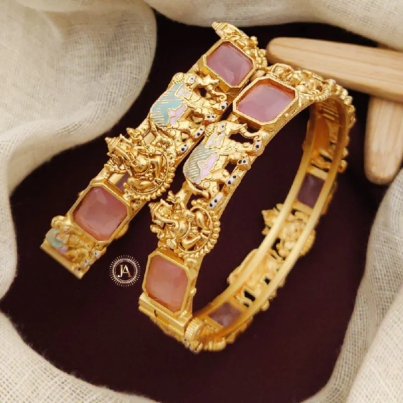 Vintage-style bangles for retro flair-Neetu Art Gold Plated Pota Stone Lord Meenakari Openable Bangles Set