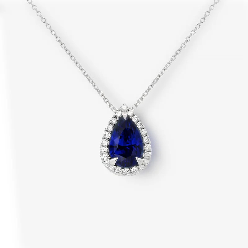 Heart-shaped necklaces for romantic expressions-3.02CT Pear Shaped Sapphire & Diamond Halo Necklace