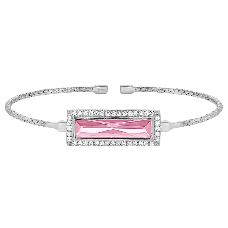 Charm bracelets for meaningful jewelry-Rhodium Finish Sterling Silver Cable Cuff Bracelet with Rectangular Simulated Pink Sapphire Stone and Simulated Diamonds