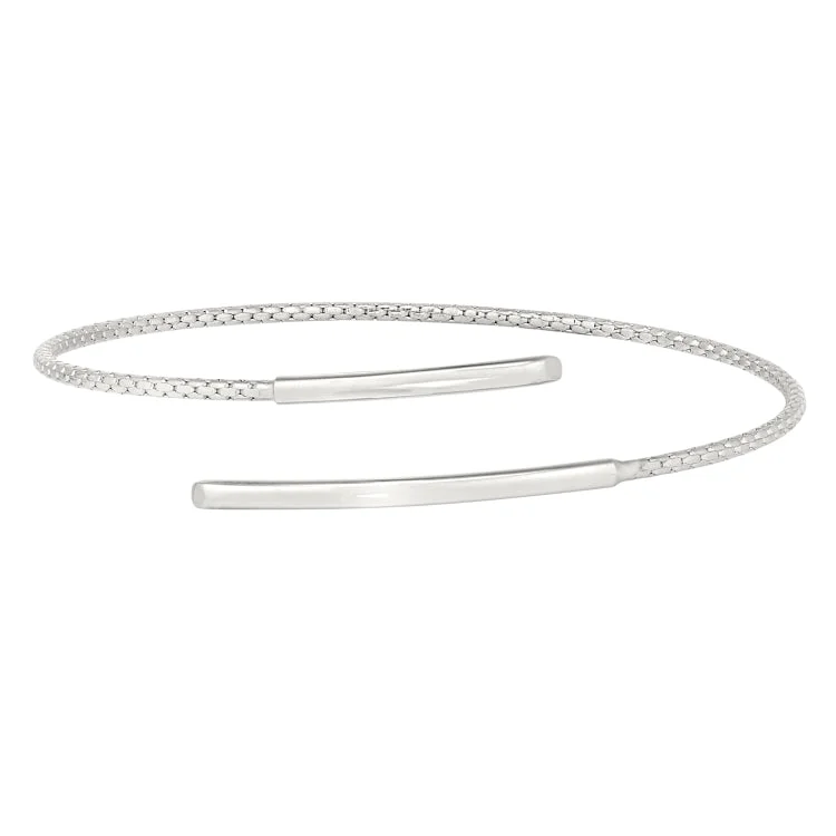 Geometric bracelets for contemporary style-Rhodium Finish Sterling Silver Corean Cable Cuff Bracelet with a Polished Bar on Each End.