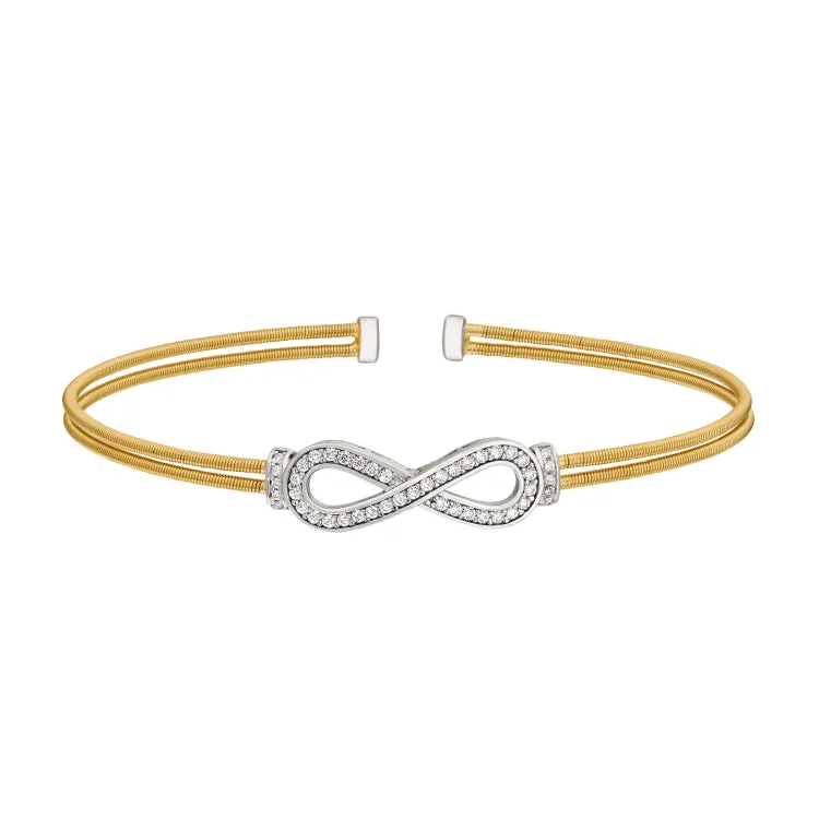 Adjustable cord bracelets for a perfect fit-Gold Finish Sterling Silver Two Cable Cuff Bracelet with Rhodium Finish Simulated Diamond Figure Eight Eternity