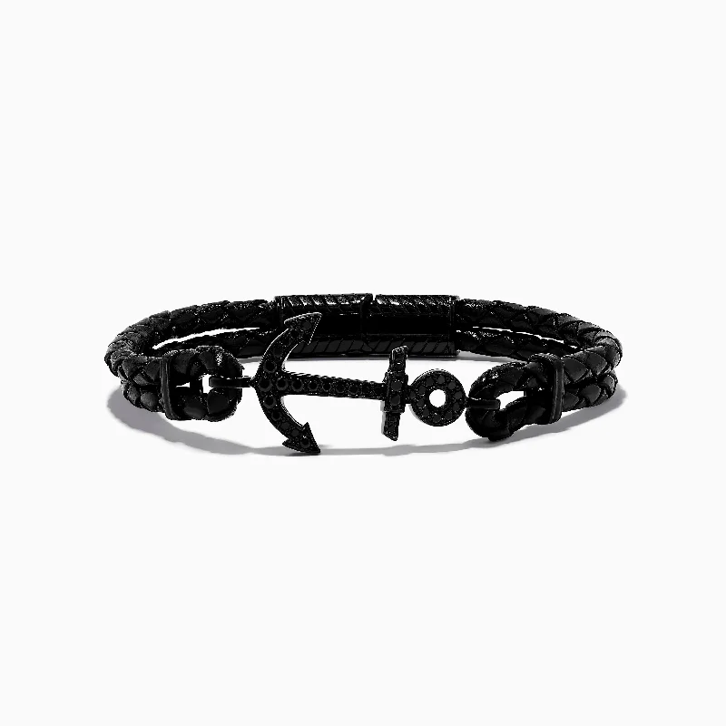 Personalized couples' bracelets for romantic gestures-Men's 925 Sterling Silver Black Spinel Anchor Leather Bracelet