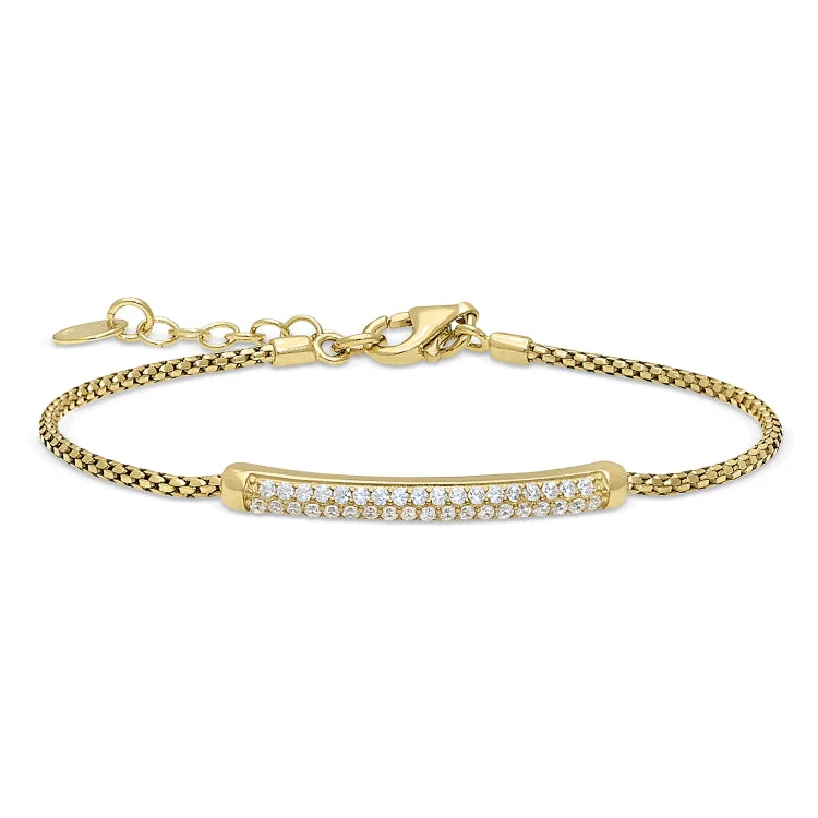 Custom engraved couples bracelets for matching gifts-Gold Finish Sterling Silver Micropave Bracelet with Two Rows of Simulated Diamonds - 7"-8" Adjustable Rounded Box Chain