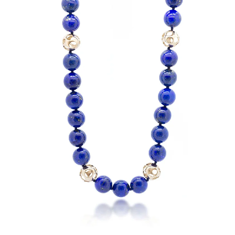 Custom nameplate necklaces for personalized wear-Lapis Lazuli Necklace with Hollowed Gold Spheres