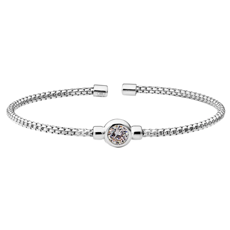 Silver bracelets for timeless style-Rhodium Finish Sterling Silver Rounded Box Link Cuff Bracelet with Bezel Set Simulated Diamond Birth Gem