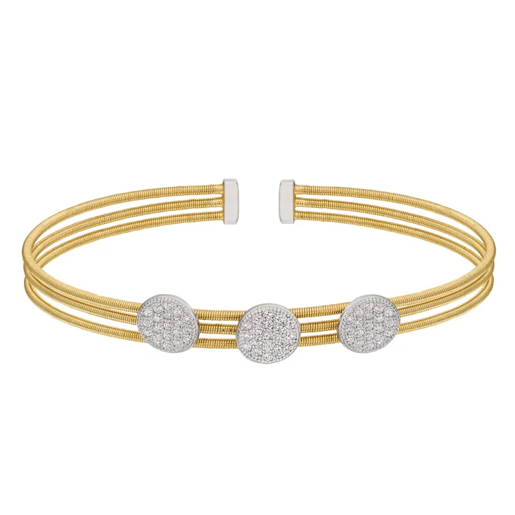 Fashionable braided bracelets for casual style-Gold Finish Sterling Silver Three Cable Cuff Bracelet with Rhodium Finish Simulated Diamond Three Large Circles