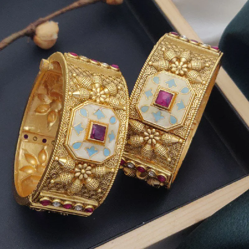 Ethnic-inspired bangles for traditional celebrations-Akruti Collection Gold Plated Pota Stone And Meenakari Openable Bangle Set