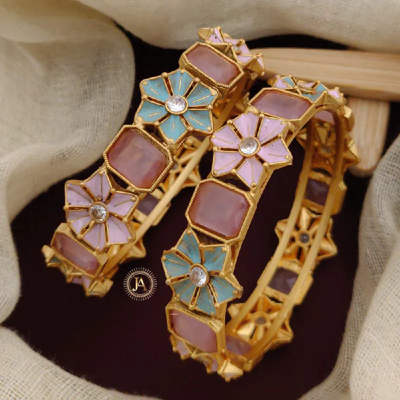 Vintage-style bangles for retro flair-Neetu Art Gold Plated Crystal Stone Meenakari Bangles Set