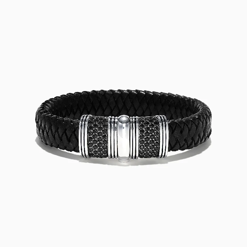 Pearl bracelets for sophisticated charm-Men's Sterling Silver and Leather Black Sapphire Bracelet, 2.70 TCW