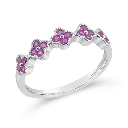 Engraved wedding bands for a personal touch-Pink Sapphire Flower/Clover Ring