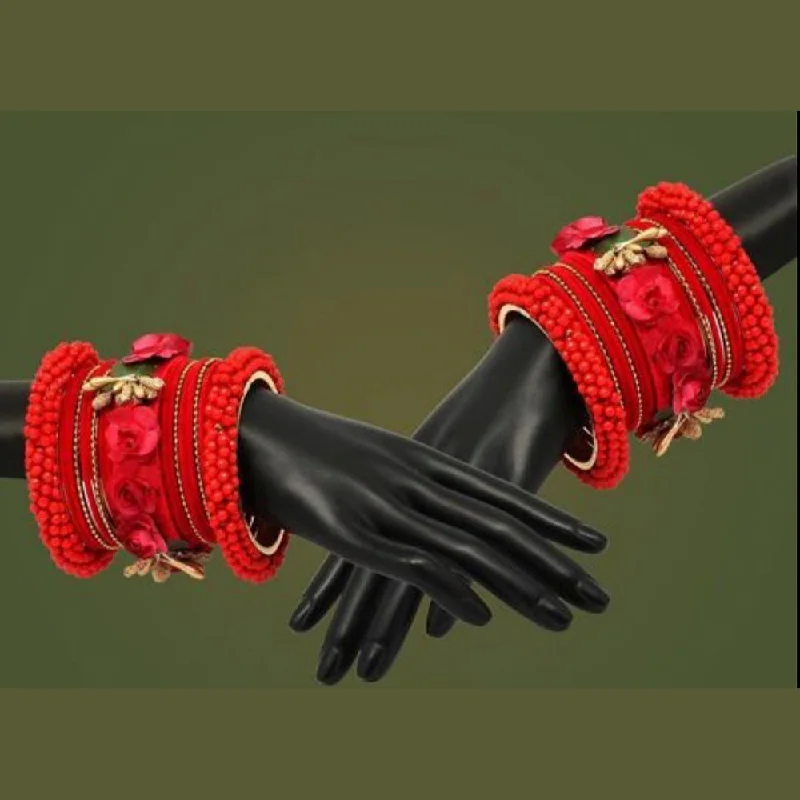 Rose gold bangles for a romantic touch-Martina Jewels Pack Of 6 Traditional Gold Plated Red Thread Bangles Set