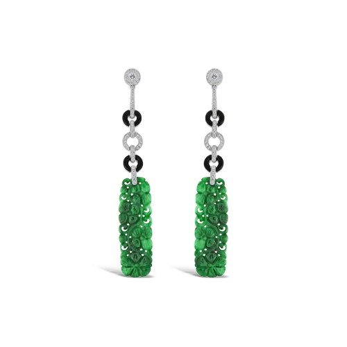 Crystal earrings for a sparkling effect-Carved Jade & Diamond Dangle Earrings