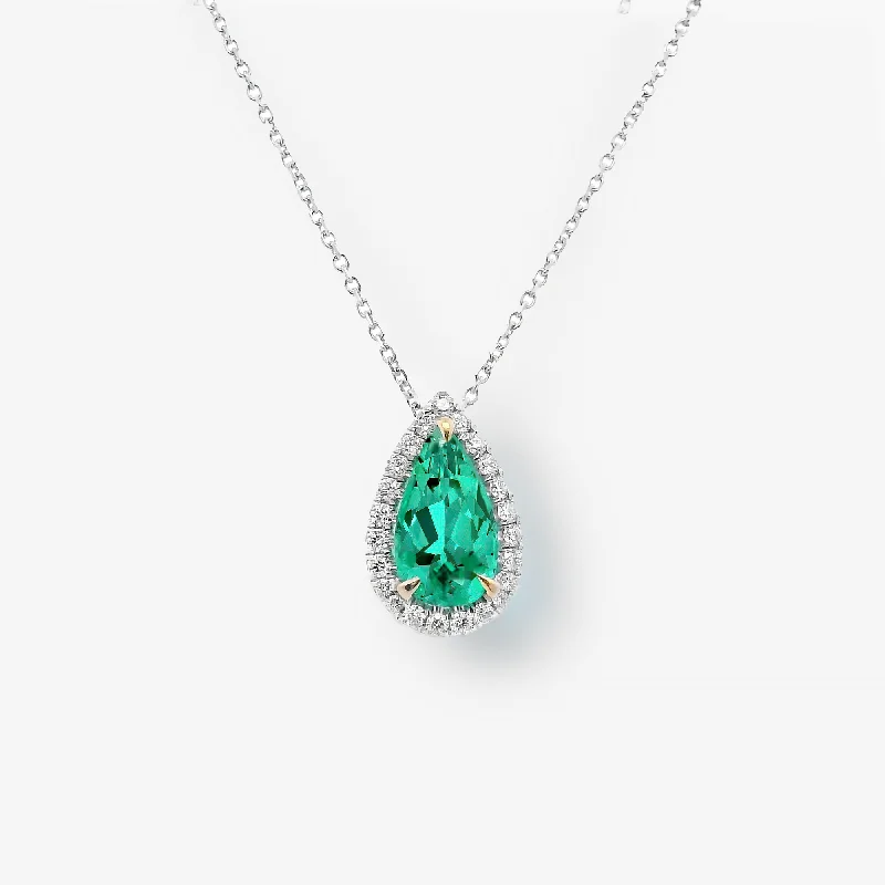 Rose gold necklaces for a romantic touch-1.44CT Pear Shaped Emerald & Diamond Halo Necklace