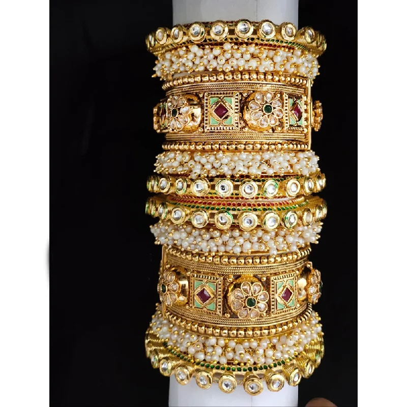 Colorful enamel bangles for playful designs-Akruti Collection Gold Plated Pearl And Kundan Bangle Set