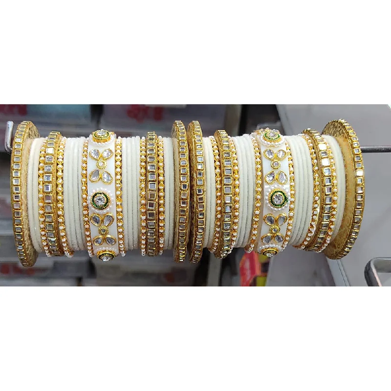 Matching gold bangle sets for a coordinated look-Lucentarts Jewellery  Thread And Acrylic  Kundan Stone Gold Plated Bangles Set