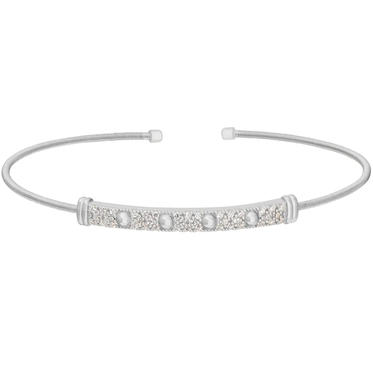 Heart-shaped bracelets for romantic occasions-Rhodium Finish Sterling Silver Cable Cuff Bracelet with Four Beads & Simulated Diamonds