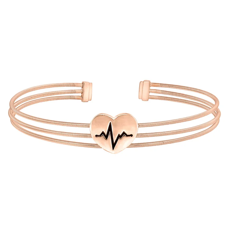 Personalized nameplate bracelets for custom style-Rose Gold Finish Sterling Silver Three Cable Cuff Bracelet with a Polished Heart with a Heartbeat Design.