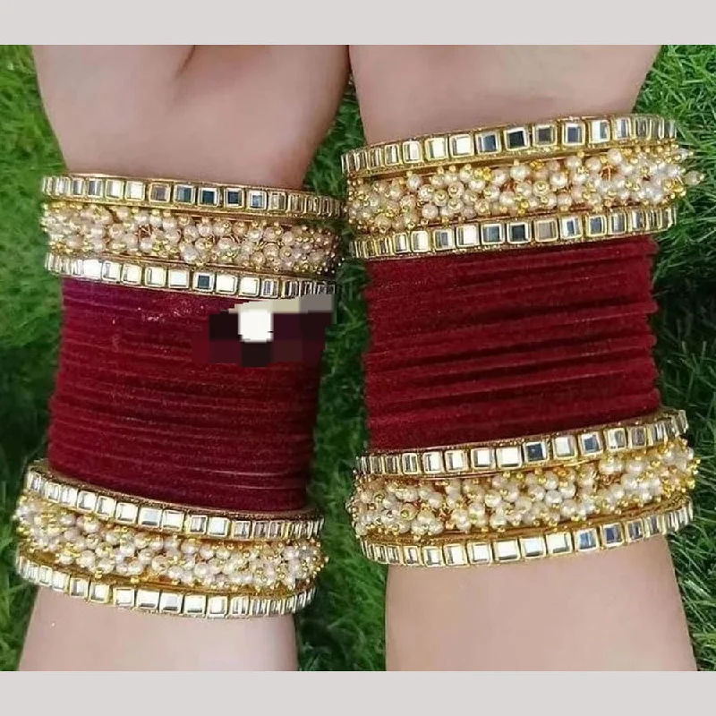 Custom engraved cuff bangles for unique fashion-Pooja Bangles Gold Plated Mirror  And Velvet Bangles Set