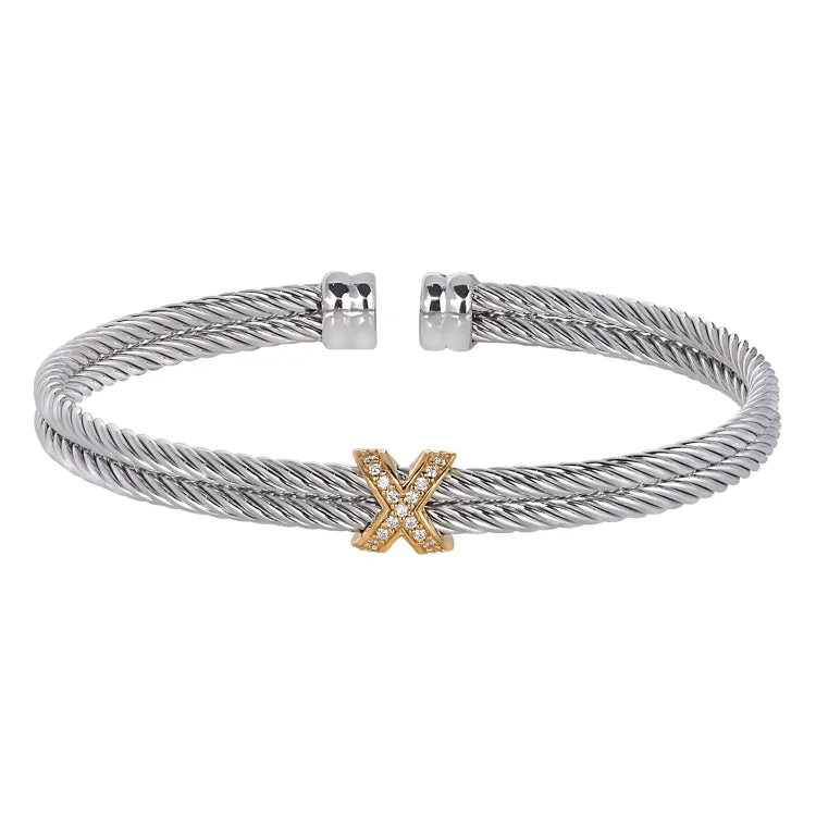 Personalized leather bracelets for unique gifts-Rhodium Finish Sterling Silver Twisted Double Cable Cuff  Bracelet With a Gold Finish X with Simulated Diamonds