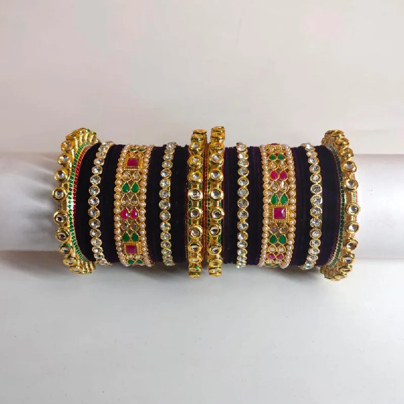 Ethnic bangles for cultural fashion-Pooja Bangles Gold Plated Kundan Stone Velvet Bangles Set