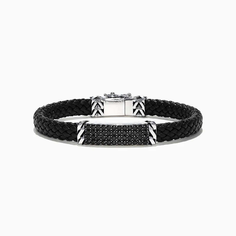 Fashionable braided bracelets for casual style-Men's Sterling Silver Black Spinel Leather Bracelet, 2.11 TCW