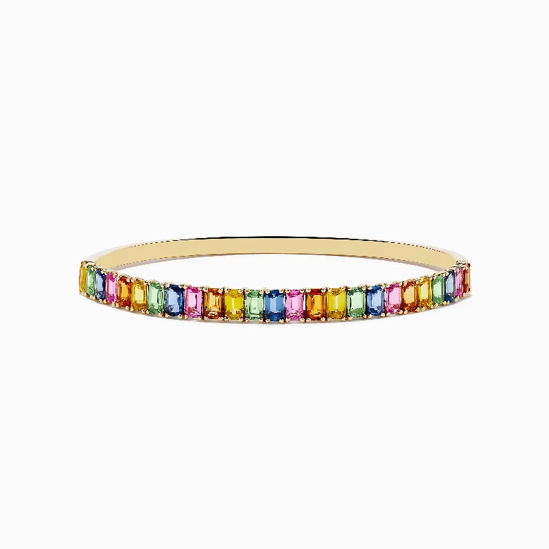 Charm bracelets for meaningful jewelry-Watercolor 14k Yellow Gold Emerald Cut Multi Sapphire Bangle