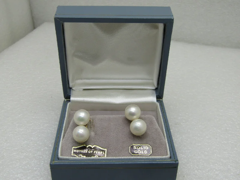 Initial necklaces for personalized jewelry-Vintage 10kt Double Pearl Earrings, Screw Back, Majorica Pearls, Spain, In Original Box with Tags