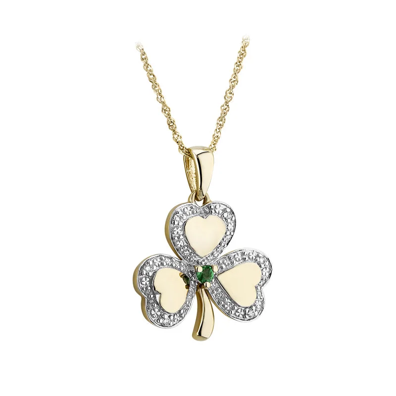 Personalized family tree necklaces for meaningful gifts-9K Gold Diamond & Emerald Shamrock Pendant