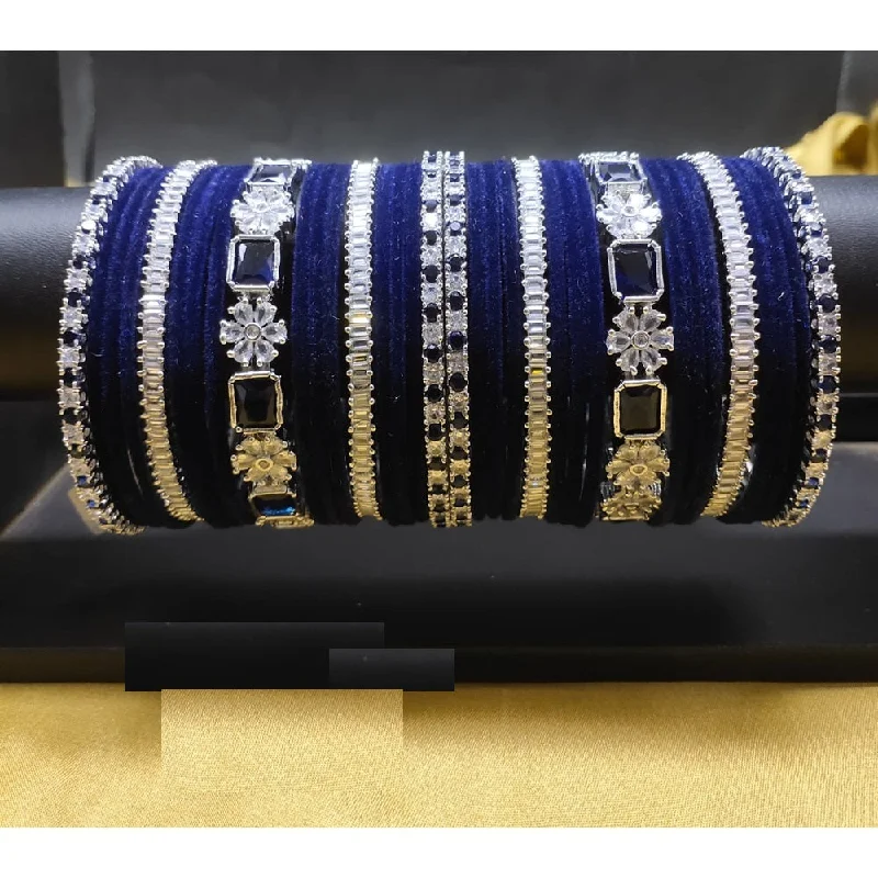 Custom engraved cuff bangles for unique fashion-Akruti Collection Silver Plated AD And Velvet Bangle Set