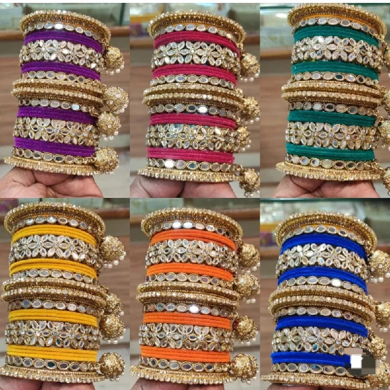 Elegant diamond-studded bangles for luxury-Pooja Bangles Gold Plated Mirror And Velvet Bangles Set