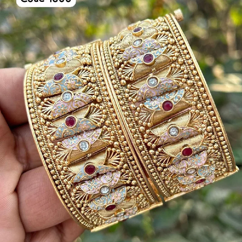 Oversized bangles for bold, trendy fashion-Neetu Art Gold Plated Pota Stone Meenakari Openable Bangles Set