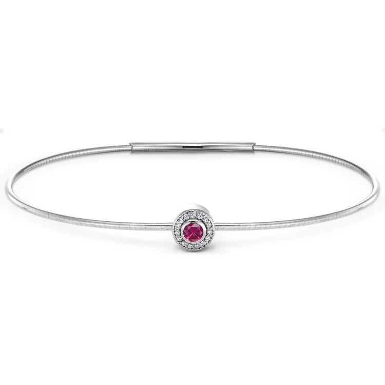 Simple cuff bracelets for sleek style-Platinum Finish Sterling Silver Round Simulated Ruby Birth Gem Bracelet with Simulated Diamonds