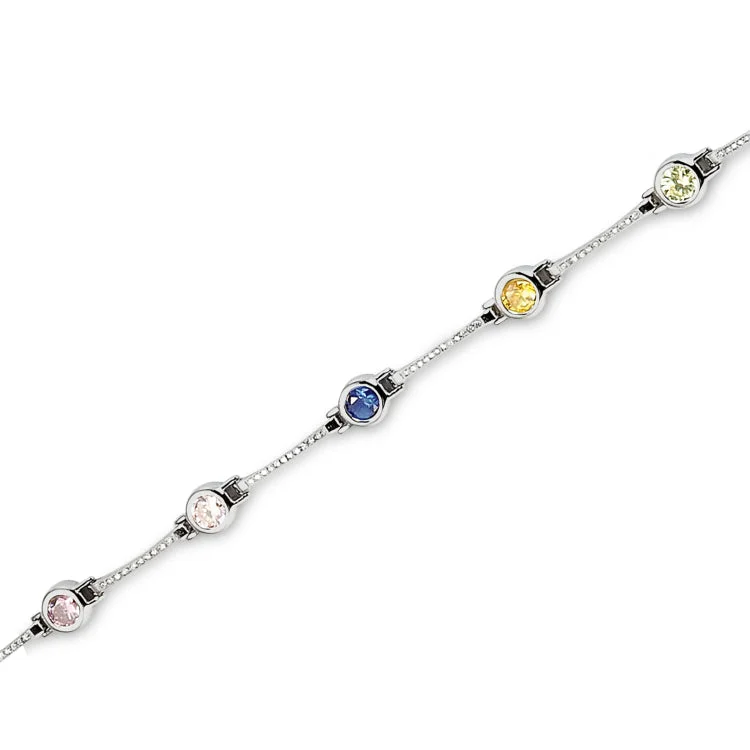 Multi-layered bracelets for a bohemian vibe-Platinum Finished Sterling Silver Micropave Bracelet with Simulated Diamonds and Facet Cut Multicolored Stones 7.25"