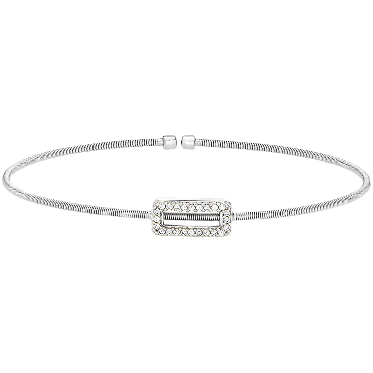 Handmade bracelets for one-of-a-kind style-Rhodium Finish Sterling Silver Cable Cuff Bracelet with Simulated Diamond Open Rectangle