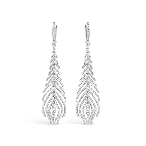 Classic silver earrings for everyday wear-Diamond Peacock Feather Dangle Earrings