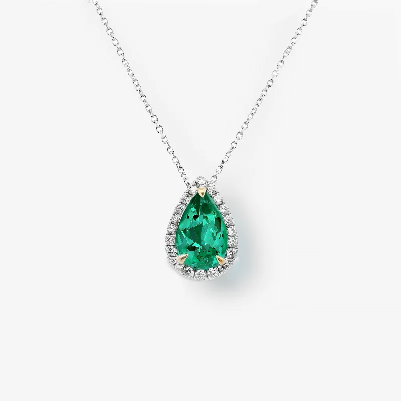 Custom name necklaces for personalized fashion-1.62CT Pear Shaped Emerald & Diamond Halo Necklace