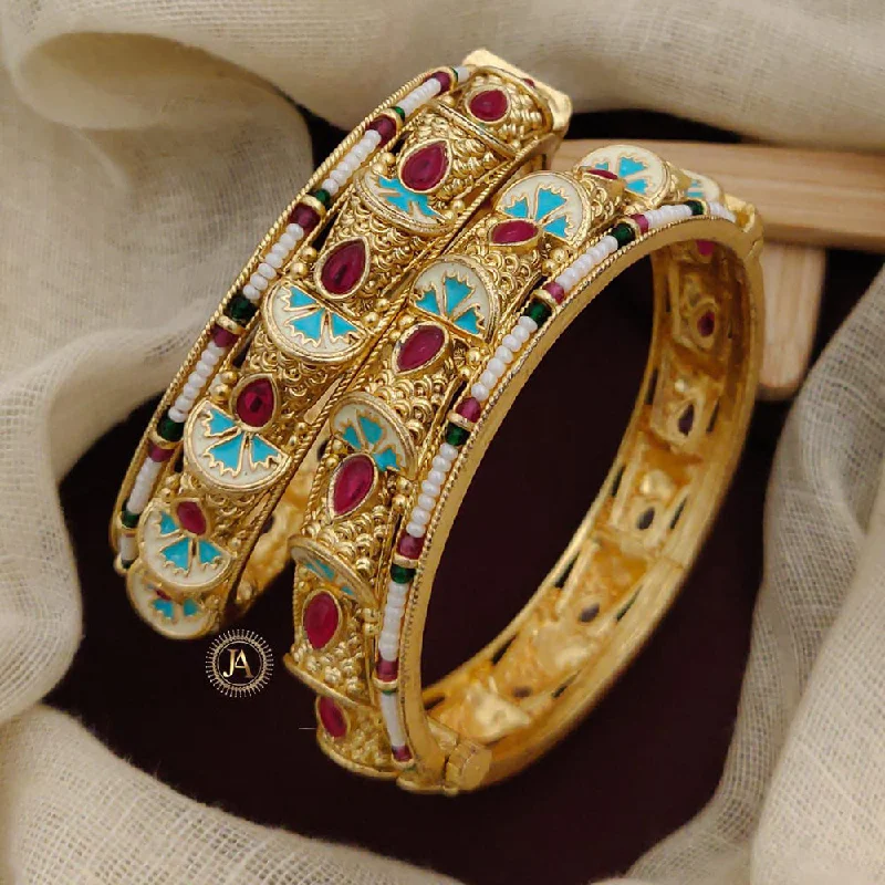 Luxury gold bangles for special occasions-Neetu Art Gold Plated Pota Stone Meenakari Openable Bangles Set