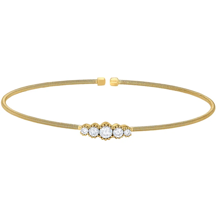 Gold chain bracelets for luxurious fashion-Gold Finish Sterling Silver Cable Cuff Bracelet with Graduated Five Stone Simulated Diamonds