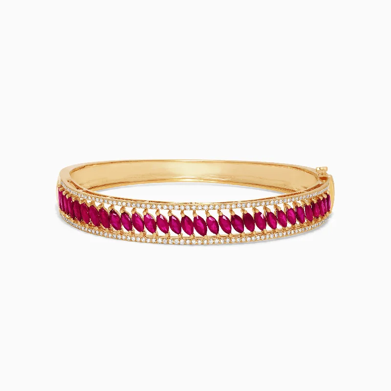 Custom engraved cuff bracelets for unique messages-Ruby Royale 14K Yellow Gold Marquise Cut Ruby and Diamond Bangle, 6.25 TCW