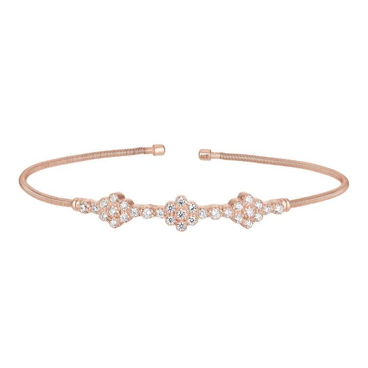 Wooden bracelets for rustic charm-Rose Gold Finish Sterling Silver Cable Cuff Bracelet with Three Clusters of Simulated Diamonds