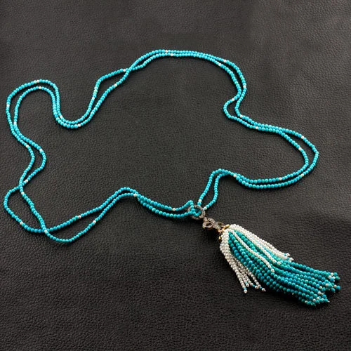 Luxury diamond necklaces for special occasions-Turquoise, Diamond & Pearl Tassel Necklace