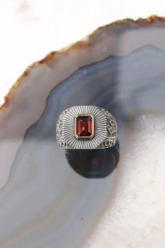 Men’s signet rings for bold, classic style-14K Deco Red Garnet Silver Signet Ring