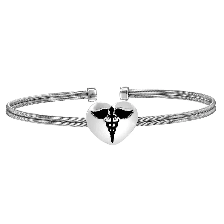 Custom engraved couples bracelets for matching gifts-Rhodium Finish Sterling Silver Two Cable Cuff Bracelet with a Centeral Heart with a Caduceus.